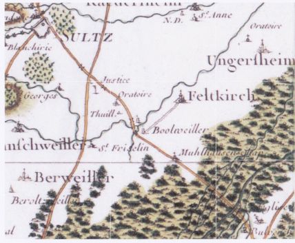 Image représentant un plan du 18ème siècle où l'on peut voir Feldkirch sur la carte de Cassini